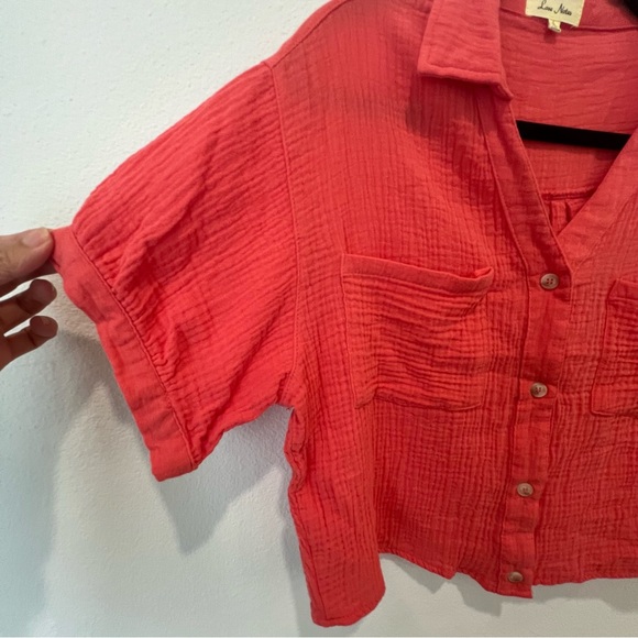 Love Notes Coral Orange Boxy Shirt Size L Button Down 100% Cotton Gauzy Look - Picture 3 of 8